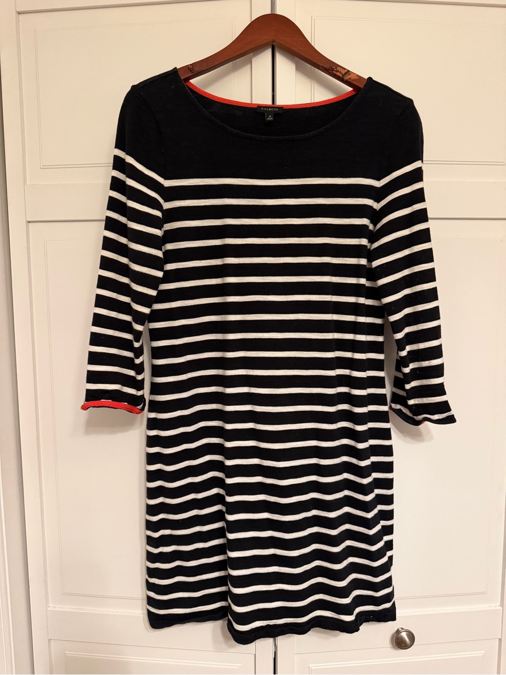 Talbots Black and White Striped Midi Dress with Red Trim
